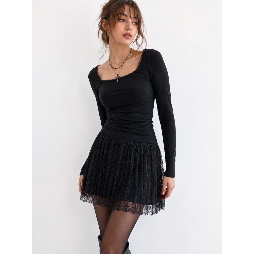 NWT ELLE Black Lace Pleated Skater Mini Skirt L Lined Elastic Waist‎